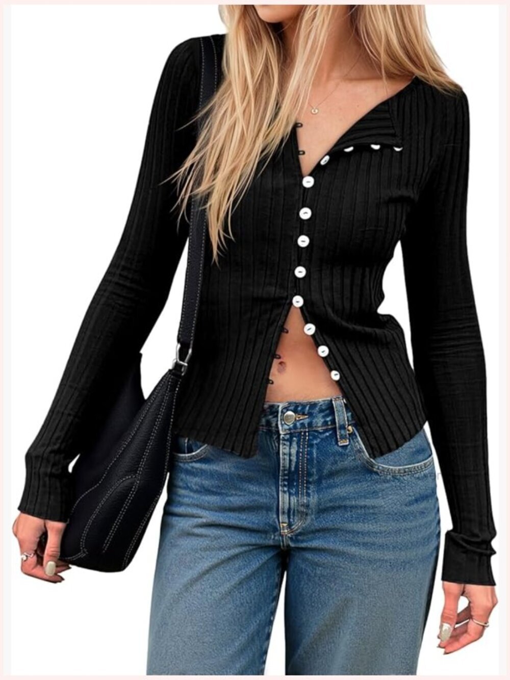 Y2K Ribbed Button Down Cardigan V-Neck Slim Fit Long Sleeve Top